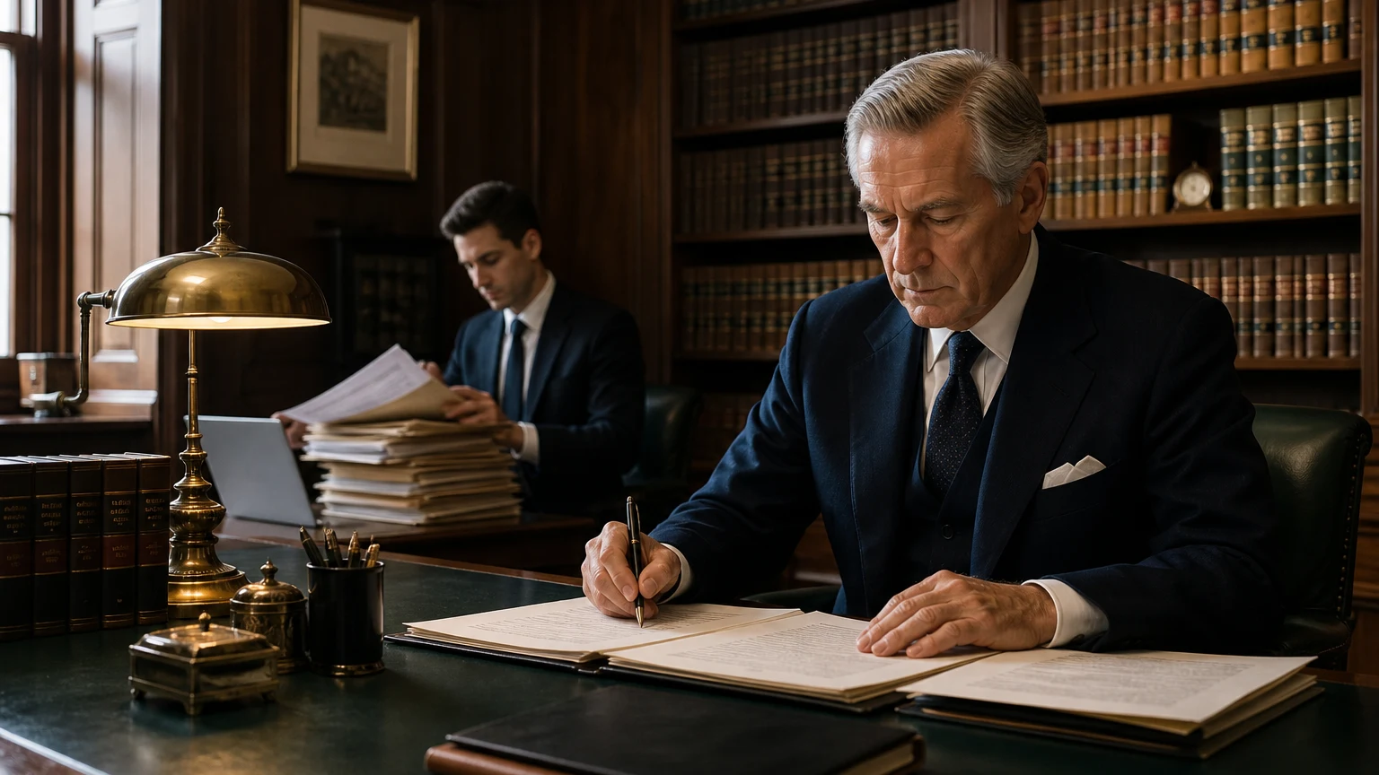A senior lawyer reviews a structured case file in a walnut-paneled library while an assistant organizes the source records.