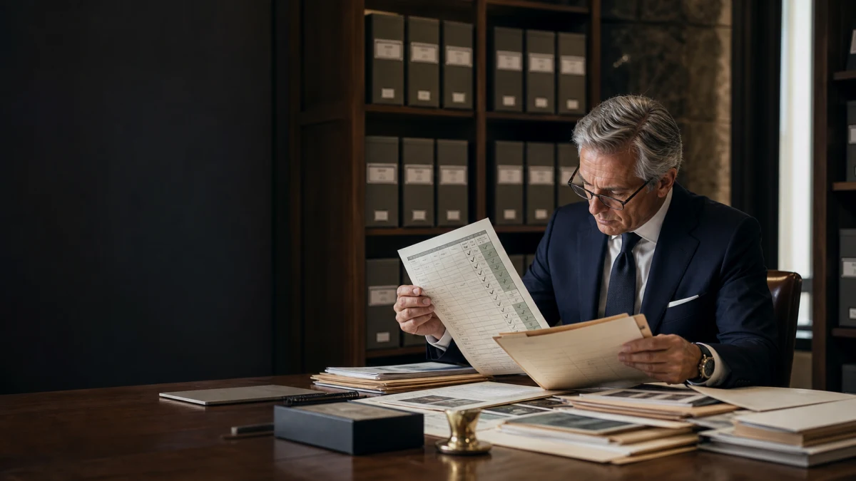 A case manager checks claimant records against an evidence requirement list and marks the source of each fact.